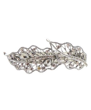 Glamour Girlz Women's Vintage Look Silver Metal Crystal Leaves Hair Clip Grey