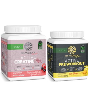 Active Preworkout Hydration Blend & Micronized Creatine Monohydrate Powder Set | Bundle & Save | Non-GMO Soy Dairy Filler & Gluten Free (50 Servings Creatine 30 Servings Yuzu Mango Pre Workout)