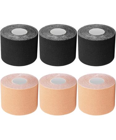 CHOIMOKU Athletic Tape Knee Tape 2inches Uncut Kinesiology Tape Waterproof 2" Sports Tape for Muscle Support Ankle Shoulder 6 Rolls (3x Beige 3x Black)