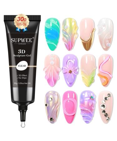 3D Nail Gel Clear Sculpting Gel for Nail Art 30g No Wipe Molding Gel for Nails Charms Rhinestone Nail Charm Carving Nail Art Designs for Rhinestone Decoration Clear-30g