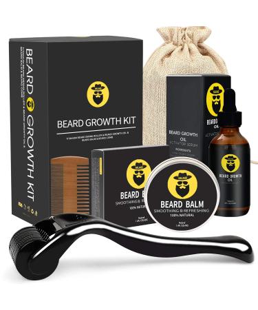 Beard Growth Kit - Derma Roller for Beard Growth, Beard Growth Serum Oil (2oz), Beard Balm and Comb, Stimulate Beard and Hair Growth - Gifts for Men Dad Him Boyfriend Husband Brother