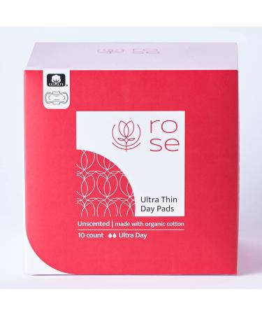 ROSE Organic Cotton Day Pads | Ultra Thin Pads with Wings | Perfect Absorbency | Ultra-Absorbent Sanitary Pads for Women | Hypoallergenic 100% Organic Cotton Core and Top Sheet 10 Count