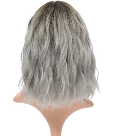 FAELBATY Ombre Grey Short Bob Wig with Air Bangs - Curly Wavy Synthetic Cosplay Wig for Women - 12 Dark Root Ombre Gray - Buy Online on GoSupps.com