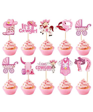 Keaziu 36PCS A little Cowboy is On The Way Cupcake Toppers Cowboy Riding HorseShoe Cowgirl Hats Western Theme Happy Birthday Baby Shower Party Cake Decorations Supplies Pink 3 Pink 2024