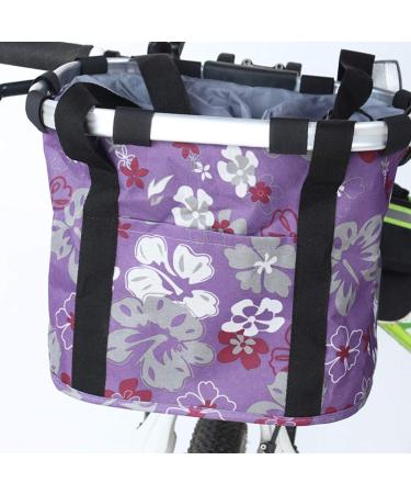 CZXJKKL Bike Basket, Foldable Small Pet Cat Dog Carrier Front Removable Bicycle Handlebar Basket Quick Release Easy Install Detachable Cycling Bag Mountain Picnic Shopping Purple Flower
