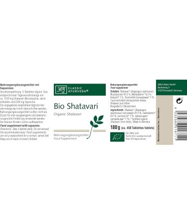 Buy Classic Ayurveda Shatavari Tablets - Organic Certified 180g (450 Tablets) - Premium Quality Bottled in Germany - International Shipping Available - Buy Online on GoSupps.com