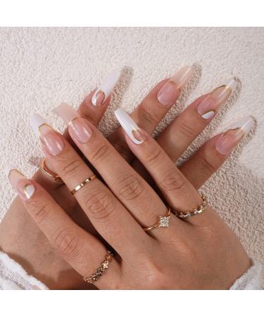 Xerling French Nails Press on with Glitter Rhinestones False Nails with Stripe Designs Blue Heart Coffin Nails Tips Long Fake Nails Ballerina Full Cover for Women Girls 24Pcs (Pattern B)