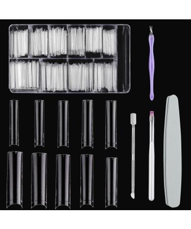 Ebanku 500 pieces Nail Clear Art Nail Tips extra long acrylic nail tip no c curved square shape wrong nails 10 sizes with case and 4 nail art tools for girls women nail studio transparent