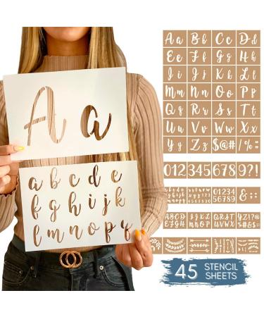 Boutique Calligraphy Stencil Template Kit - 45 Reusable Pieces - Includes Lettering Upper and Lowercase both Large and Small, Numbers, Punctuation, Laurels and Flowers - For Arts Crafts Painting Wood Calligraphy Stencils - Buy Online on GoSupps.com