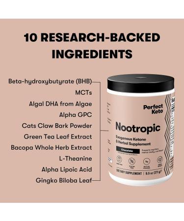 Perfect Keto Nootropic Brain Support, Caffeine Free Focus and Energy Supplement with Alpha Lipoic Acid, L Theanine, Ginkgo Biloba, Alpha GPC, MCT's, Collagen, Ketones, Chocolate Drink Mix, 15 Servings - Buy Online on GoSupps.com