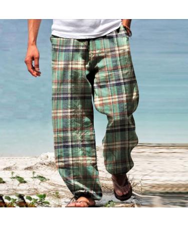 Men's Casual Cotton Linen Drawstring Pants - 3X-Large Green Plaid Trousers with Pockets - Buy Online on GoSupps.com