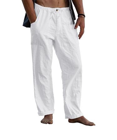 Kvruhuiy Men's Linen Pants Long Wide Leg Pants Zipper Casual Summer Beach Pants Drawstring Yoga Pants with Pockets White L