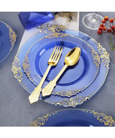 Nervure 175PCS Clear Blue Plastic Plates with Gold Trim - Ideal for Weddings & Parties - Buy Online on GoSupps.com