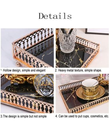 Qulong Marble Mirror & Gold Metal Organizer | Vanity Cosmetic Holder & Desktop Plate for Bathroom & Bedroom Chic Black Design - Buy Online on GoSupps.com