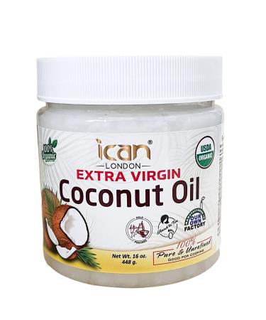 ICAN LONDON 100% NATURAL PURE & UNREFINED EDIBLE COCONUT OIL 16oz EXTRA VIRGIN COLD PRESSED