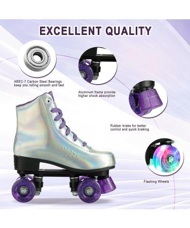 YYW Double Roller Skates - Purple Glossy Flash | High-top PU Leather Skates for Women Men with Light up Wheels | Adjustable Sizes for Adult Girls Beginners - Buy Online on GoSupps.com