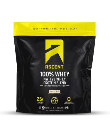 Ascent 100% Whey Protein Powder - Post Workout Whey Protein Isolate  Zero Artificial Flavors & Sweeteners  Gluten Free  5.7g BCAA  2.7g Leucine  Essential Amino Acids  Vanilla Bean 4 lb Vanilla 58.0 Servings (Pack of 1)