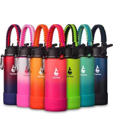 Farsea Insulated Water Bottle With Paracord Handle, Protective Silicone Boot and 2 Lids (Straw Lid & Spout Lid), Stainless Steel Water Bottle Wide Mouth, Double Wall Sweat-Proof BPA-Free, 18 oz 18 oz Coral/Punch