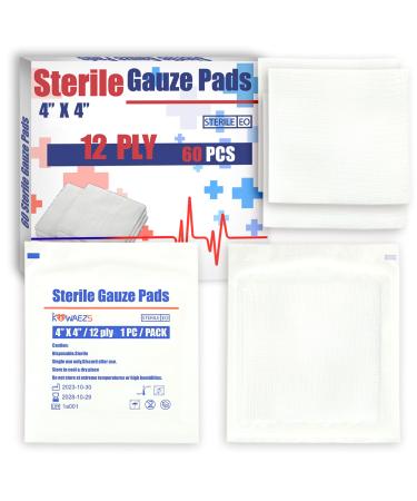 60 Pack Sterile 4x4 Large Gauze Pads - 12-ply Woven USP IV Thick Mesh for Enhanced Absorption - Non-Adhesive Highly Absorbent Bandages - First Aid Medical Wound Care Kit Pack of 60