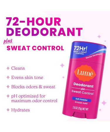 Lume Deodorant Plus Sweat Control - Smooth Solid Stick - Maximum Strength Antiperspirant - 72 Hour Odor And Sweat Control - Baking Soda Free Skin Loving - 3.0 ounce (Soft Powder) - Buy Online on GoSupps.com