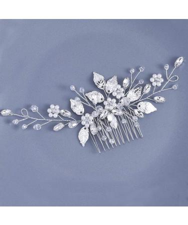 Bride Wedding Hair Comb Pearl Flower Hair Piece Bridal Crystal Leaf Hair Vine Comb Wedding Hair Accessories for Women Girls Bridemaid silver - Buy Online on GoSupps.com