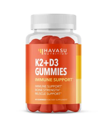 HAVASU NUTRITION Vitamin D3 K2 Gummies | Plant-Based D3 and 120mcg of Vitamin K2 as MK-4 and MK-7 Blend for Bone & Muscle Support | 60 Raspberry Flavored Vegan and Gluten Free Gummies
