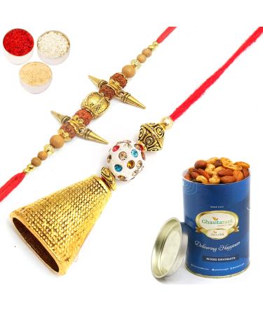 Ghasitaram Gifts Rakhis Online - Rakhi for Brother- Bells of Faith jbl5701 Bhaiya Bhabhi Rakhi with 100 GMS of Dryfruits Mix Can Rakhi Set with 100 gms of Dryfruits Mix Can