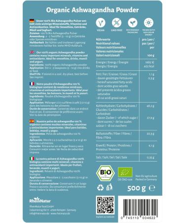 RheinNatur Ashwagandha Bio Poudre 500 g Ashwagandha 100 % bio Id al pour le th Ashwagandha les smoothies et les c r ales Contient des min raux des vitamines et des antioxydants - Buy Online on GoSupps.com