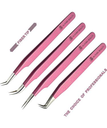 Alishba Beauty Glitter Sparkle Eyelash Extension Tweezers - Set of 4 Precision Fiber Tip Grip Japanes Stainless Steel Tweezers in Glitter Pink - Buy Online on GoSupps.com