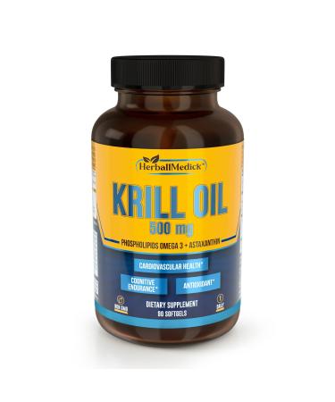 HerballMedick  Krill Oil 500mg with antioxidant - Omega 3 Fatty Acid Supplements, Heart Health, Joint Support Supplement, Cholesterol lowering Supplements, Brain Booster, Eye Vitamins