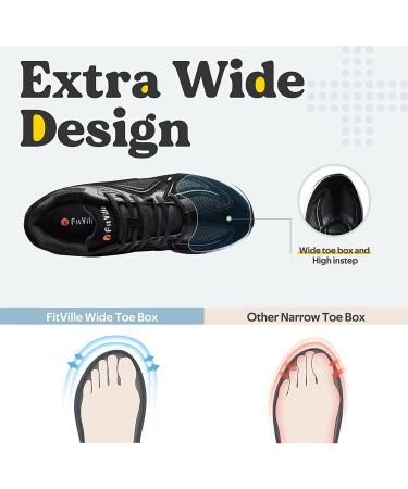 FitVille Extra Wide Walking Shoes for Men - Arch Support Sneakers for Flat Feet - Heel Pain Relief - 10.5 Wide - Black - Buy Online on GoSupps.com