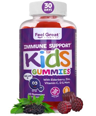 3 in 1 Immunity Support Gummies for Kids by Feel Great Vitamin Co. (60 Gummies) | with Elderberry, Zinc and Vitamin C All-in-one Pectin Based Formula | Sambucus Nigra Supplement 60 Count (Pack of 1)
