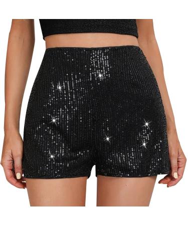 Duohropke women metallic hot pants sequins glitter shorts with high waist sexy short pants shorts for dance sport disco costume carnival carnival s black