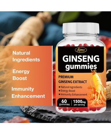 Auranic 60 Count Asian Panax Ginseng Gummies 1500mg Supplements for Men and Women, Energy Maca Ginseng Root Extract Gummies for Memory & Immunity Support, Pectin-Based Apple Flavored Chews Gummy - Buy Online on GoSupps.com