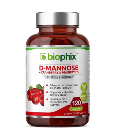 D-Mannose Plus Cranberry and Probiotics 1000 mg 120 Vcaps - Supports Urinary Bladder Tract Health and Digestive Well Being