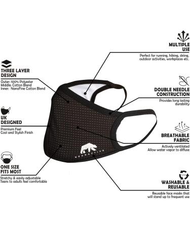 Bearactive Black Face Mask - Washable Cotton 3-Layer Protection UK Design Reusable & Breathable Unisex Designer Face Cover with Elastic Ear Loops - Buy Online on GoSupps.com