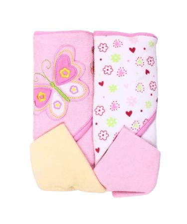Spasilk Bath Hooded Towels & Washcloths Set for Babies, 2 Hooded Terry Bath Towels & 2 Washcloths, Pink Butterfly