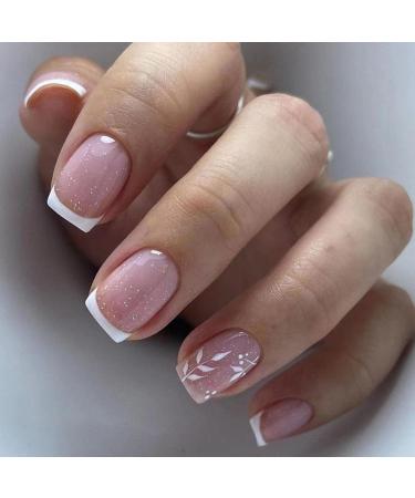 Oval short artificial nails french press on nails mrcuvaryas French press on nails short square soft gel nail tips full cover nageltip (white leaves)
