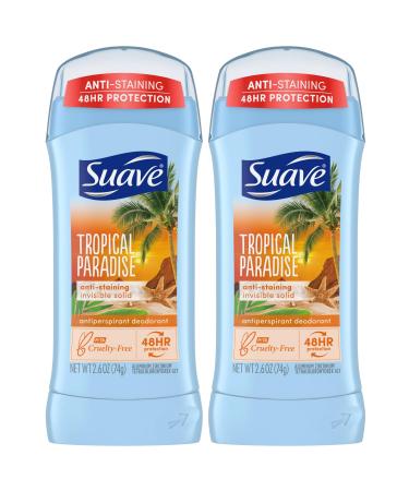 Suave Deodorant for Women Tropical Paradise Invisible Solid Antiperspirant Deodorant Stick 48H Protection Anti-Staining Cruelty-Free Scented 2.6 Oz (Pack of 2)