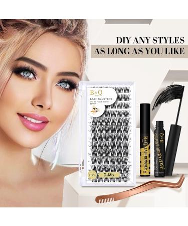 B&Q Eyelash Extension Kit B25 - 72Pcs Thin Band Cluster Lashes DIY Kit with Tweezers and Lash Bond (D-8-16 MIX) - Individual Lashes Cluster Kit - Buy Online on GoSupps.com