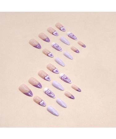 24 Pcs Almond Medium Long French Press on Nails with Purple Heart Design - Manicure Tool Kit Included - Buy Online on GoSupps.com