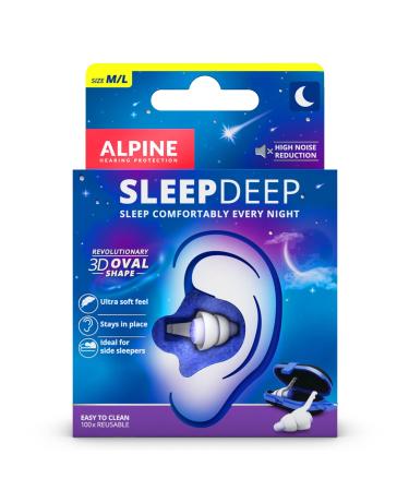 Alpine SleepDeep M/L Ear Plugs for Sleep and Concentration - New 3D Oval Shape and Super Soft Reusable Noise Cancelling Ear Plugs - 27dB Noise Reduction - Ideal for Side Sleeper (M/L) 1 count (Pack of 1)
