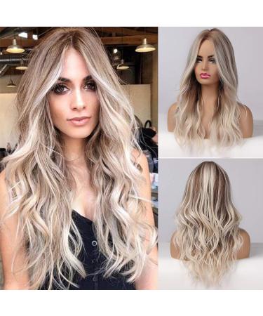 Emmor Gray Blonde Highlight Wigs for Women Long Curly Middle Part Heat Resistant Synthetic Wigs