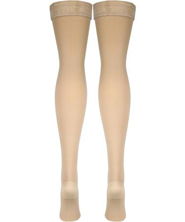 Truform 20-30 mmHg Compression Stockings for Women - Lace Trim Thigh High Closed Toe Beige Large (1 Pair) - International Shipping Available - Buy Online on GoSupps.com