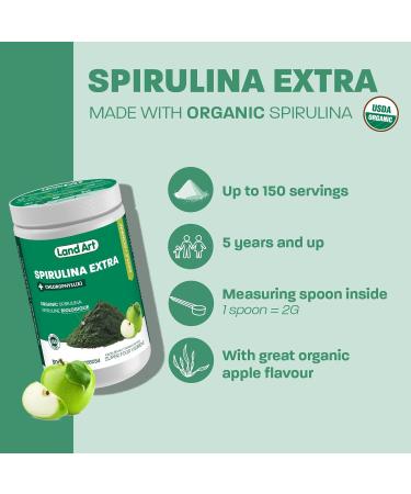 Certified Organic Fresh Spirulina Extra Powder 300g - Improved with Bioavailable Chlorophyll Added - Apple Flavour - Clean Source - 3rd party tested - Measuring Spoon Inside - Made in Canada - Buy Online on GoSupps.com