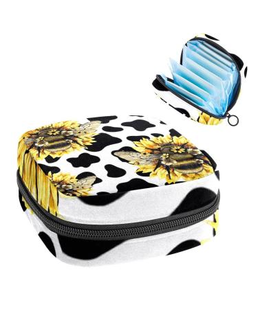 Storage Bag for Sanitary Napkin Pads Menstrual Cup Pouch Period Bag Organizer for Feminine Pads Tampons Bumblebee Sunflower on Cow Prints Multi8