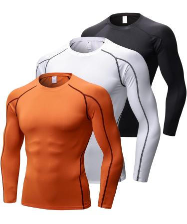 3 Pack Mens Cool Dry Compression Shirts Sports Base Layer Long Sleeve Running T-Shirts Top Athletic Workout Gym Shirt Black+white+orange Large