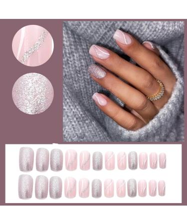Justotry 24 Pcs White Swirl Square Short False Nails - Glitter Wavy French Press on Nails | Medium Squoval Fake Nails with Nail Glue | Women's Artistic Pink & Swirl Design - Buy Online on GoSupps.com