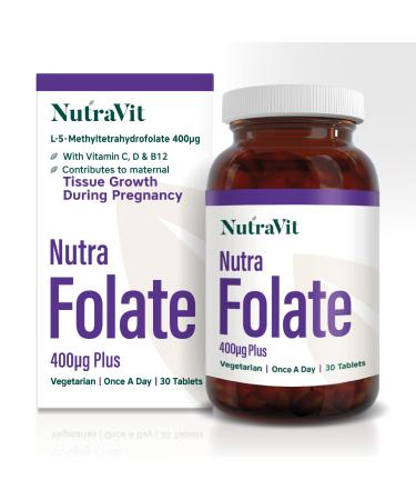 NUTRAFOLATE Plus - 400mcg Folic Acid Tablets (L-Methylfolate) | Vitamin B9-30 Tablets - Folic Acid Pregnancy & Pre-Pregnancy Vitamin - Contains Vitamins D C and B12 - Vegetarian - NutraVit