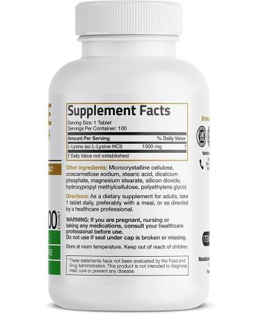 Bronson L-Lysine 1000mg High Potency Immune Support & Collagen Synthesis - 100 Vegetarian Tablets - Buy Online on GoSupps.com